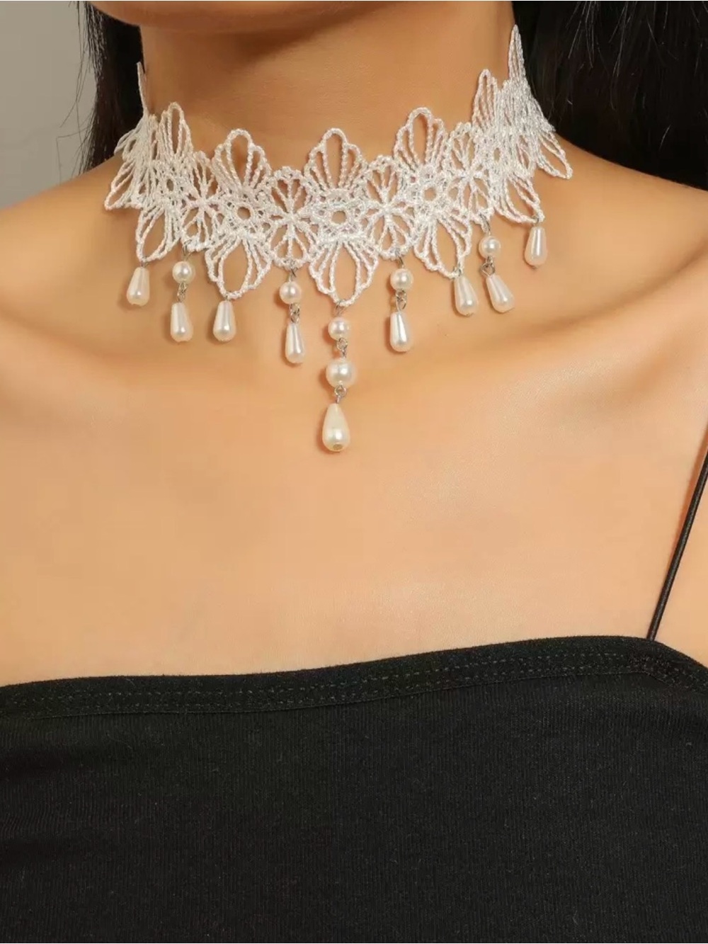 White Lace Pearl Drop Choker Necklace -